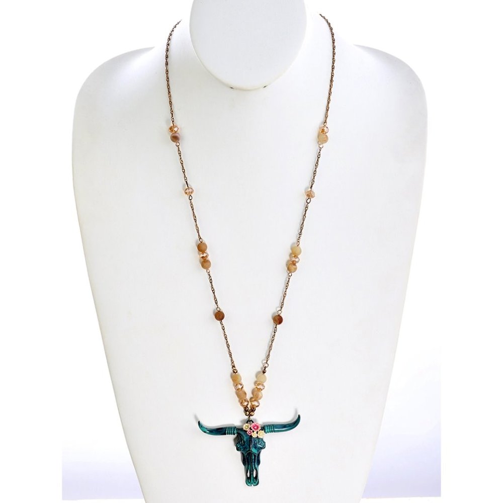 NWT Floral Patina Steer Skull Necklace and Earring Set - Picture 2 of 3